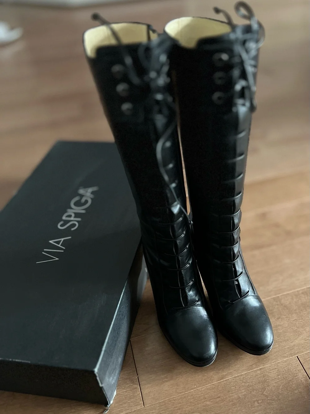 Via Spiga Made in Italy Black Leather Lace Up Stiletto High Heel Knee Boots 7M